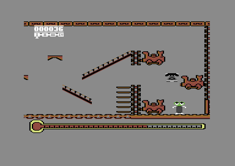 Thing on a Spring Commodore 64 Screenshot: Your opponents come in all shapes and sizes, including telephones...