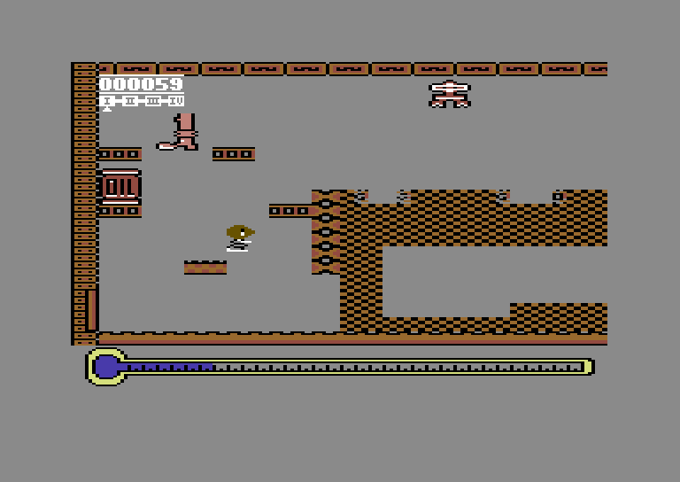 Thing on a Spring Commodore 64 Screenshot: Jumping on platforms to reach new areas.