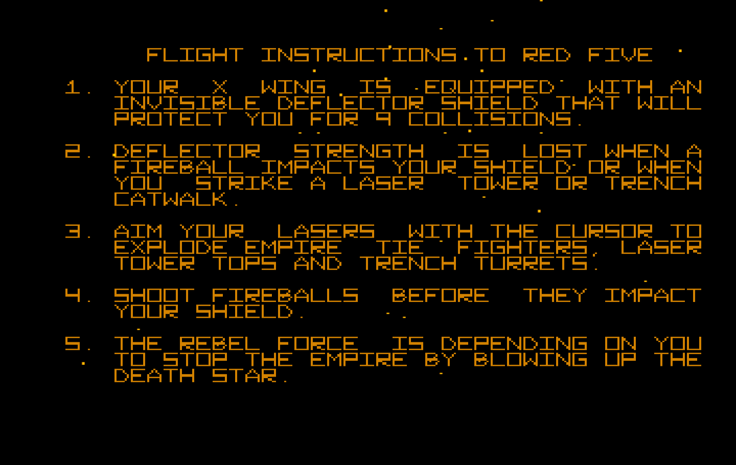 Star Wars IBM PC/Compatibles Screenshot: Game instructions.
