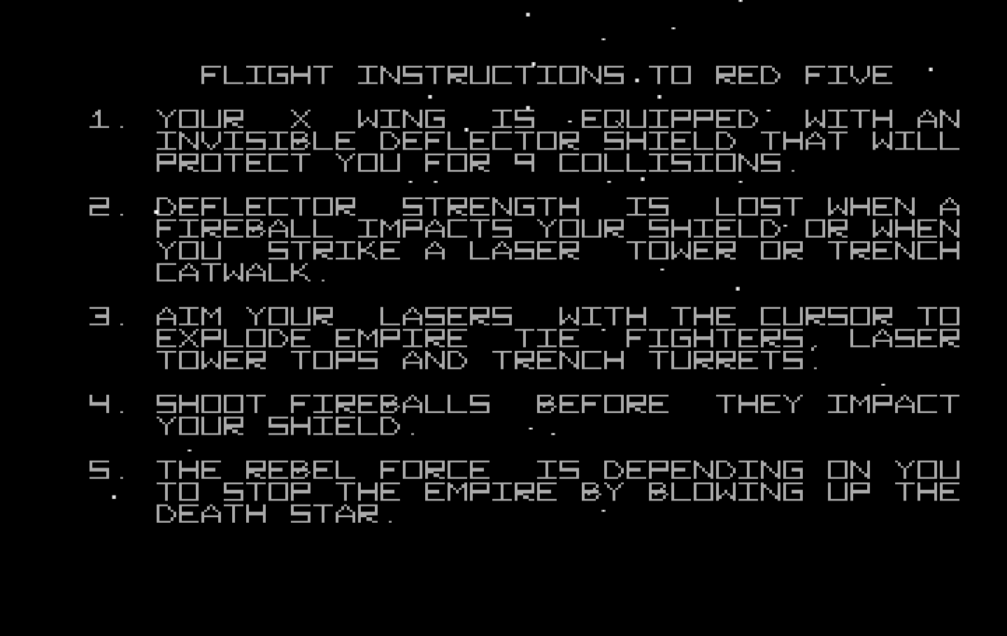 Star Wars IBM PC/Compatibles Screenshot: Game instructions.
