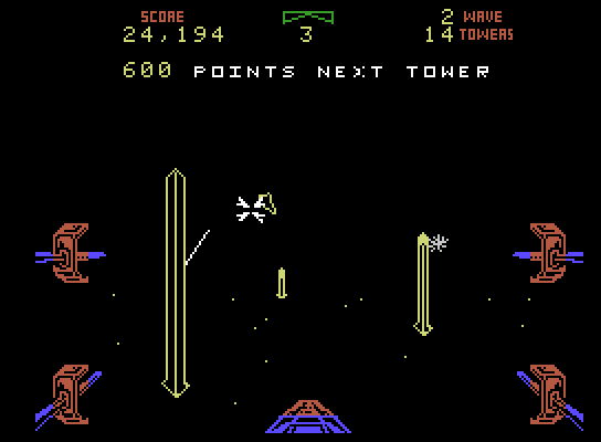 Star Wars ColecoVision Screenshot: On more difficult levels you also have to shoot towers in a sequence.