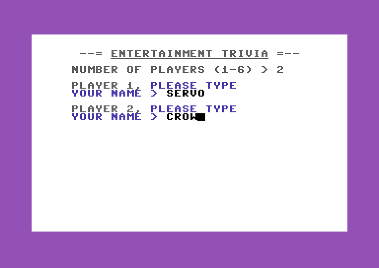 Entertainment Trivia Commodore 64 Screenshot: Setting up a new game...
