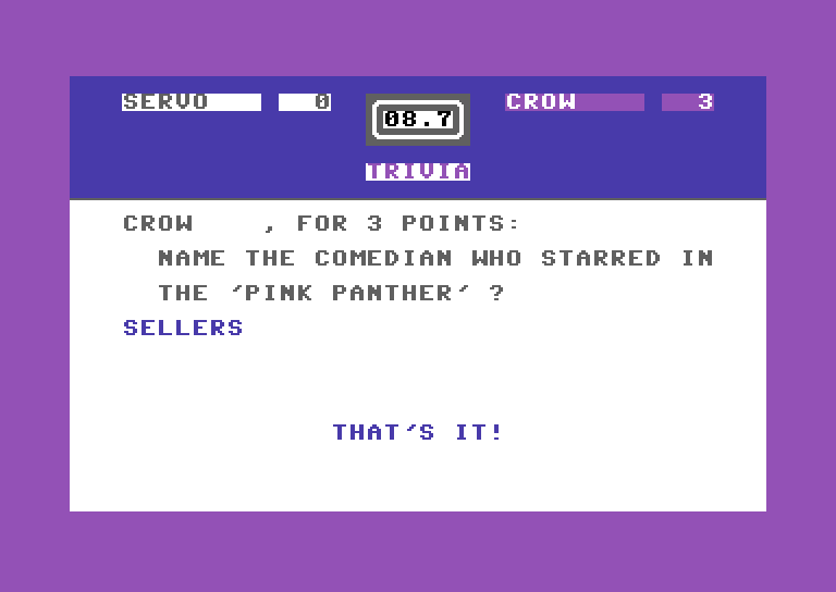 Entertainment Trivia Commodore 64 Screenshot: A correct response!