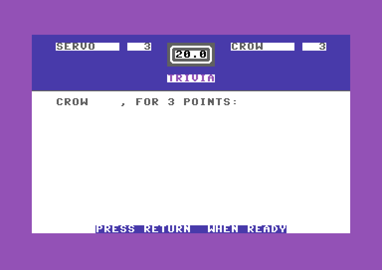 Entertainment Trivia Commodore 64 Screenshot: The next question is worth 3 points...are you ready?