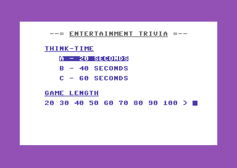Entertainment Trivia Commodore 64 Screenshot: Some of the game options...