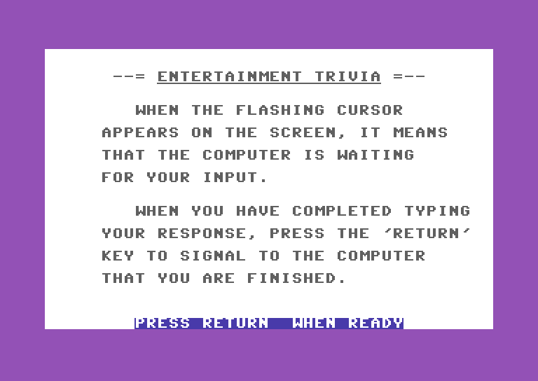 Entertainment Trivia Commodore 64 Screenshot: Instructions, part 3...