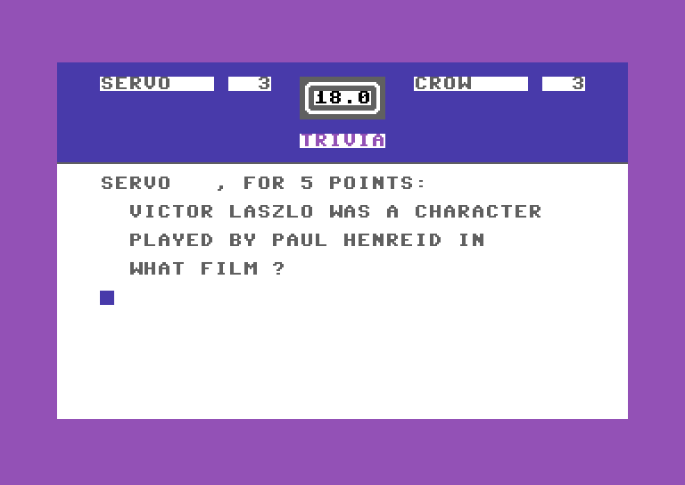 Entertainment Trivia Commodore 64 Screenshot: And the answer is...hurry, only 18 seconds left!