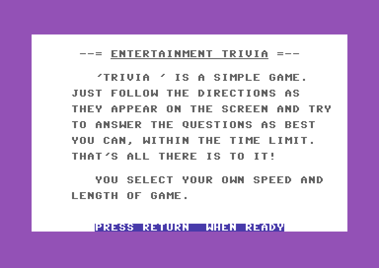 Entertainment Trivia Commodore 64 Screenshot: Instructions, part 2...