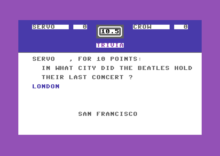 Entertainment Trivia Commodore 64 Screenshot: Wrong answer, so the program provides the correct one...