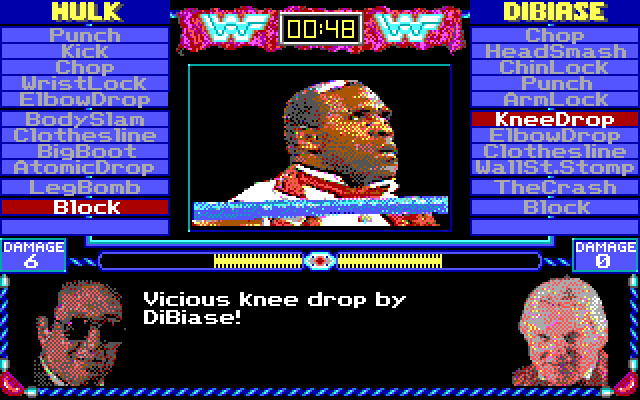 MicroLeague Wrestling IBM PC/Compatibles Screenshot: It's a knee drop!