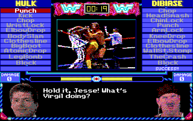 MicroLeague Wrestling IBM PC/Compatibles Screenshot: Wait, what's he doing?