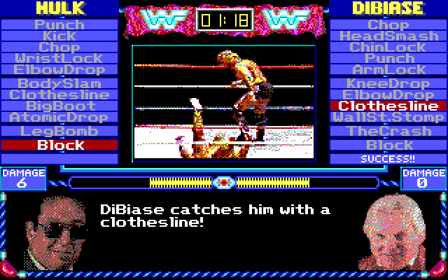 MicroLeague Wrestling IBM PC/Compatibles Screenshot: Catching your opponent with a clothesline!