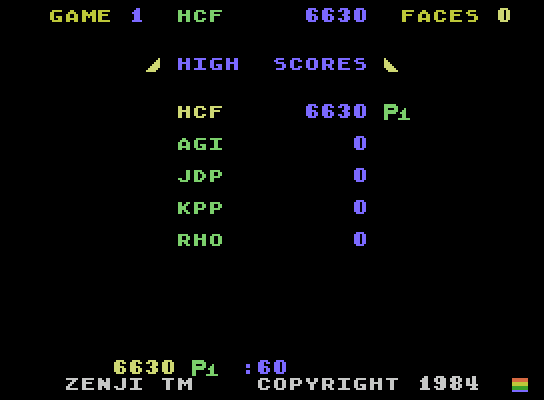 Zenji ColecoVision Screenshot: Game over and a new high score.