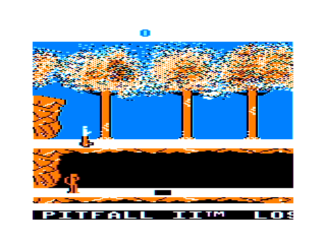 Pitfall II: Lost Caverns TRS-80 Color Computer Screenshot: Title screen; the game title and credits scroll along the bottom.