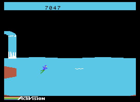 Pitfall II: Lost Caverns ColecoVision Screenshot: I just went over the waterfall...and avoid eels in the water!