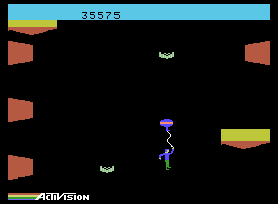 Pitfall II: Lost Caverns ColecoVision Screenshot: The balloon carries you to new platforms, but don't hit obstacles along the way...