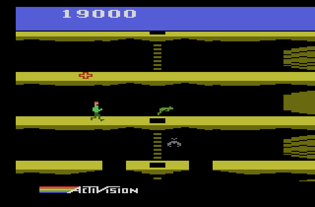 Pitfall II: Lost Caverns Atari 2600 Screenshot: If you get hit by creatures, such as the frog, you're sent back the last checkpoint you crossed.