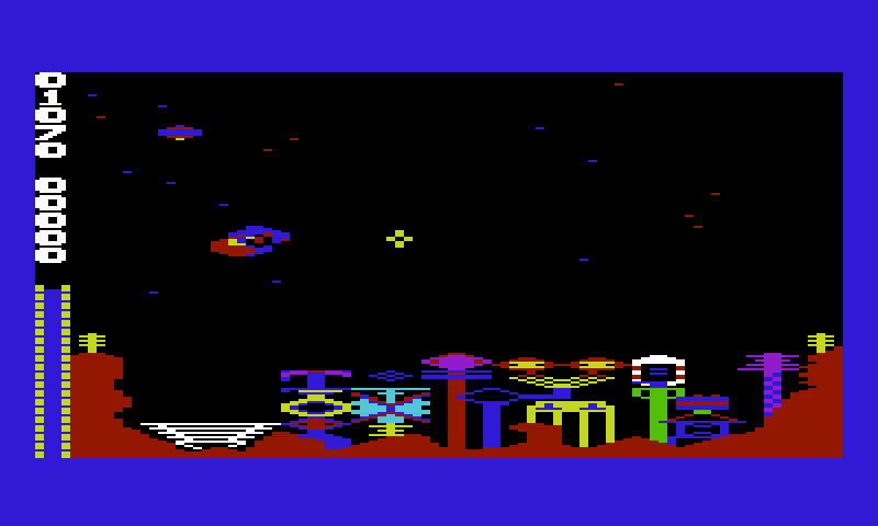 Outworld Commodore VIC-20 Screenshot: Destroy those asteroids before they destroy your city...