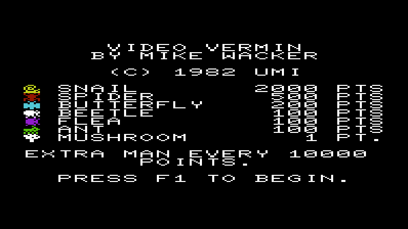 Video Vermin Commodore VIC-20 Screenshot: Title screen.