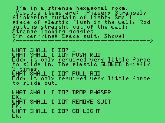 Strange Odyssey TI-99/4A Screenshot: In a strange, hexagonal room...