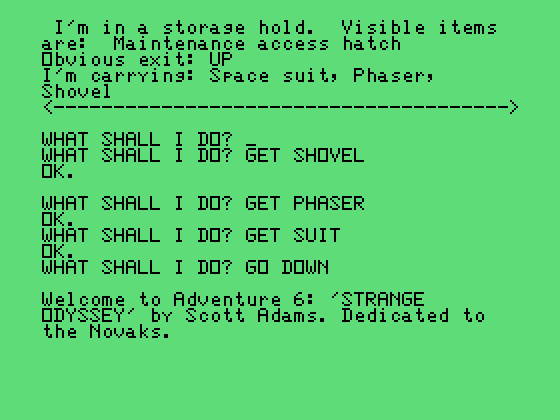 Strange Odyssey TI-99/4A Screenshot: I'm in a storage hold, picking up some items...