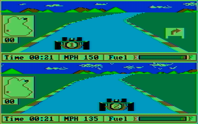 Pitstop II IBM PC/Compatibles Screenshot: Sharp turn ahead...