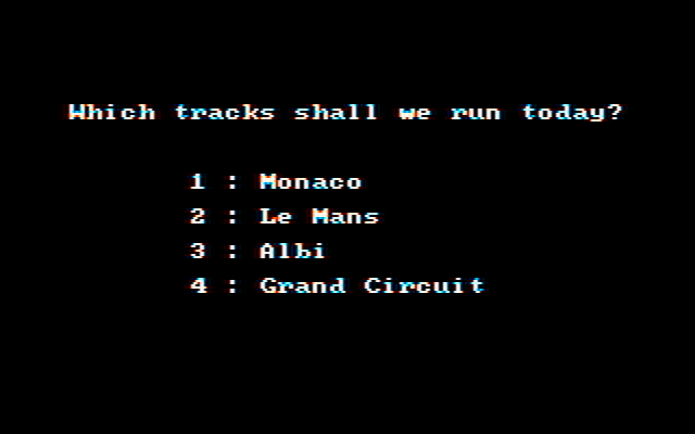 Pitstop II IBM PC/Compatibles Screenshot: Select a track to race.