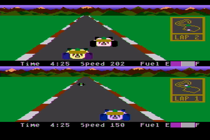 Pitstop II Atari 8-bit Screenshot: Don't crash into other cars; it will slow you down...