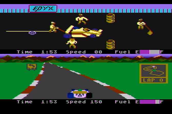 Pitstop II Atari 8-bit Screenshot: Time for a pitstop!