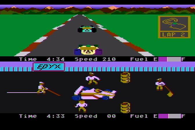 Pitstop II Atari 8-bit Screenshot: Second player pulls over for a pitstop.