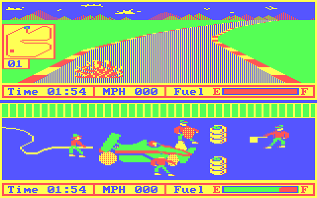 Pitstop II IBM PC/Compatibles Screenshot: The player on top crashed while the player on bottom stops for a pitstop...