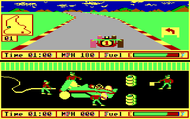 Pitstop II IBM PC/Compatibles Screenshot: The player on the bottom half of the screen pauses for a pitstop.