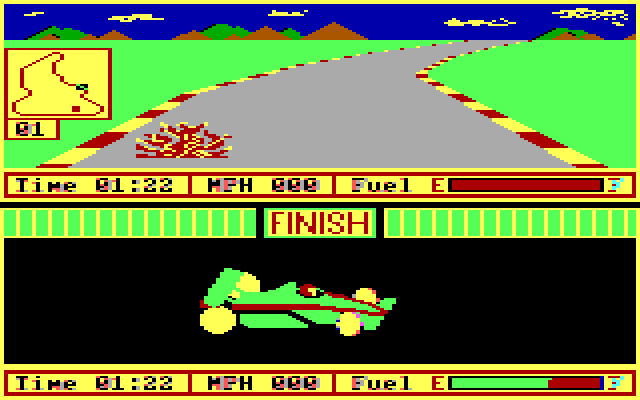Pitstop II IBM PC/Compatibles Screenshot: The top player explodes while the bottoms player finishes...