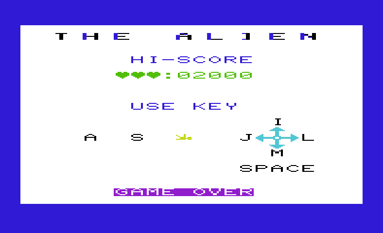 Alien, The Commodore VIC-20 Screenshot: Game instructions.