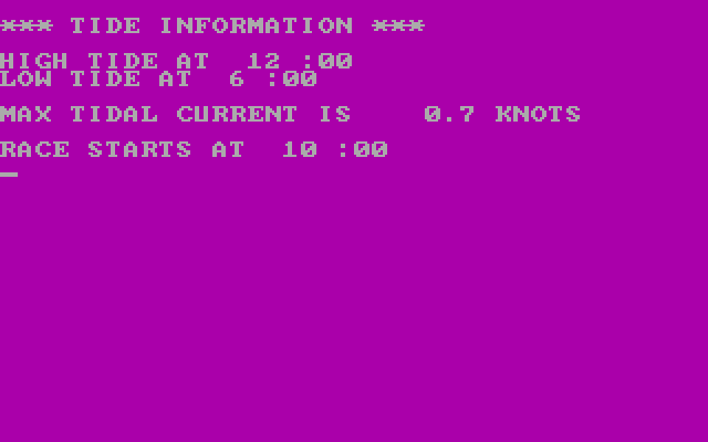 Posey Yacht Race Simulation IBM PC/Compatibles Screenshot: Tide information.