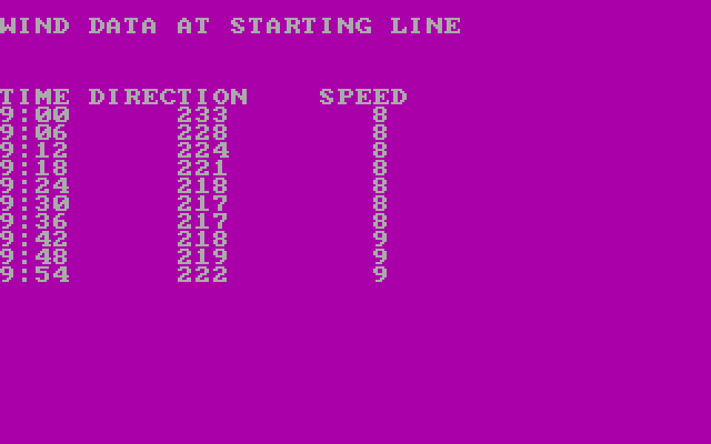 Posey Yacht Race Simulation IBM PC/Compatibles Screenshot: Here's the wind data at the starting line.