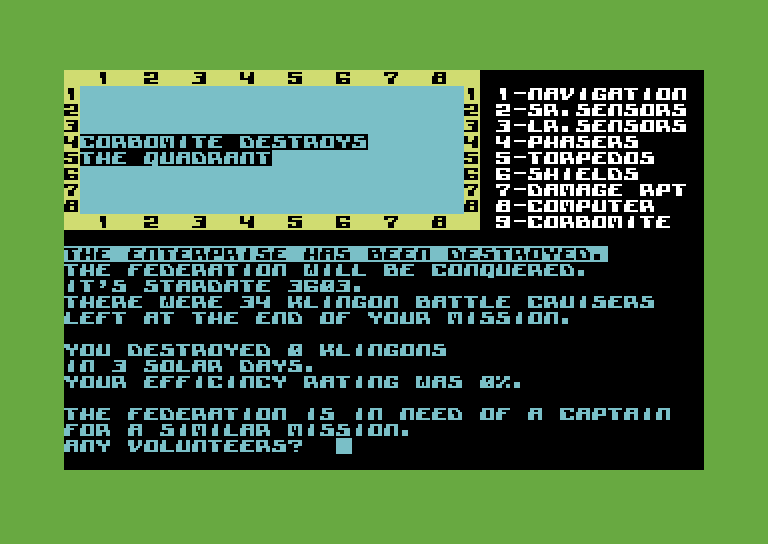 Star Trek Evolution Commodore 64 Screenshot: Game over.