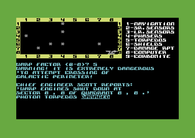 Star Trek Evolution Commodore 64 Screenshot: Star Trek Junior - Photon torpedoes damaged...