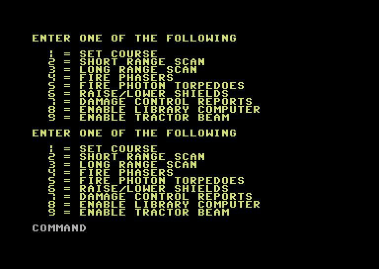 Star Trek Evolution Commodore 64 Screenshot: Star Trek Senior - Available commands.
