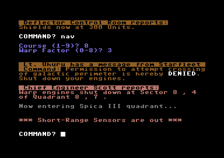 Star Trek Evolution Commodore 64 Screenshot: Beginner's Star Trek - Attempt to cross galactic perimeter denied...