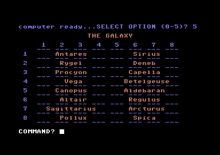 Star Trek Evolution Commodore 64 Screenshot: Beginner's Star Trek - Galaxy map.