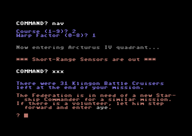 Star Trek Evolution Commodore 64 Screenshot: Beginner's Star Trek - Game over.