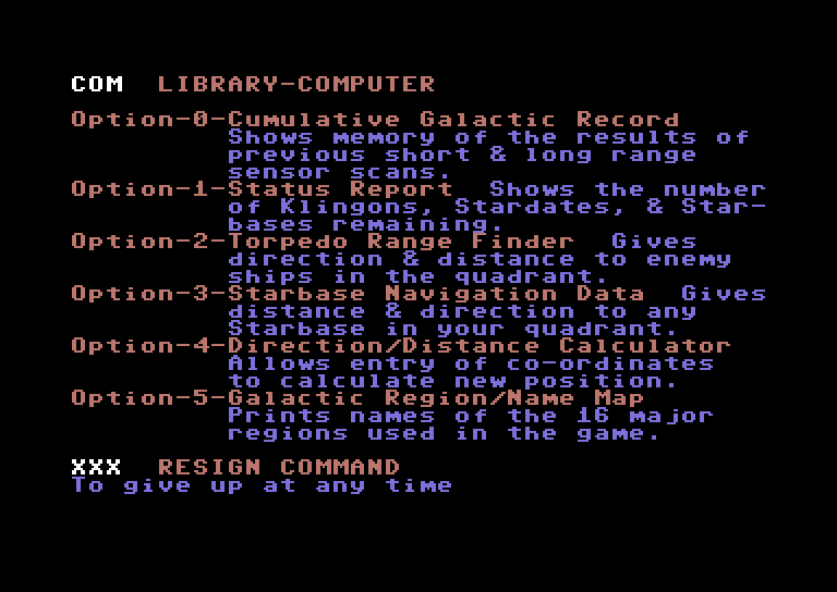 Star Trek Evolution Commodore 64 Screenshot: Beginner's Star Trek - Computer commands.