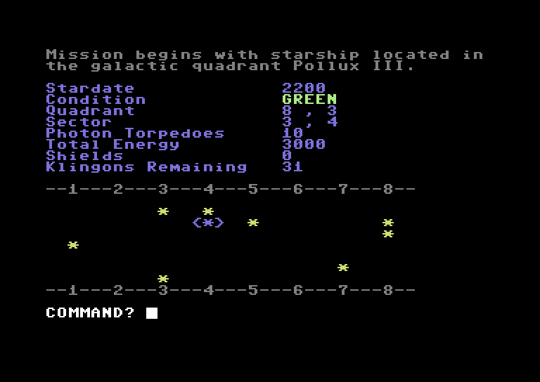 Star Trek Evolution Commodore 64 Screenshot: Beginner's Star Trek - Game start.