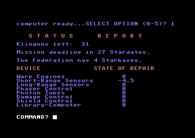 Star Trek Evolution Commodore 64 Screenshot: Beginner's Star Trek - Status report.