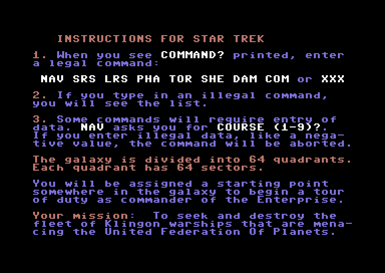 Star Trek Evolution Commodore 64 Screenshot: Beginner's Star Trek - Instructions, Part 1.