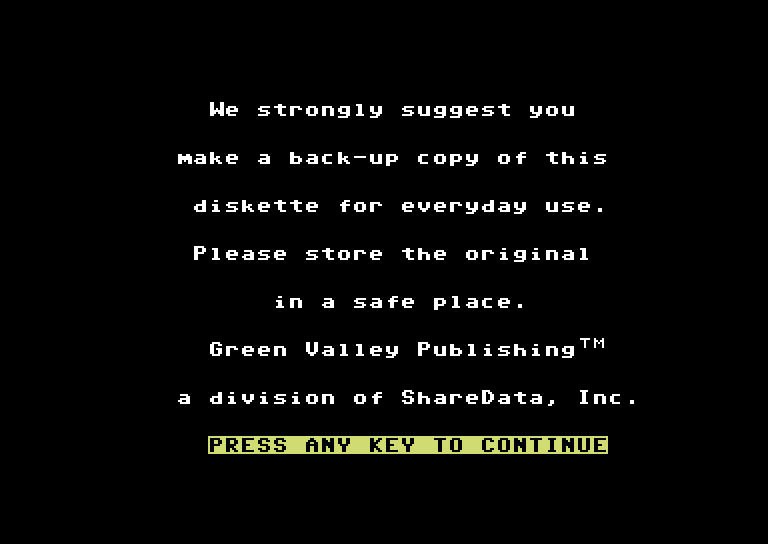 Star Trek Evolution Commodore 64 Screenshot: You should make a backup copy of your disk first...