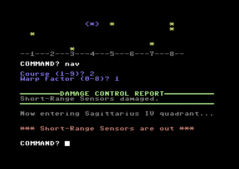 Star Trek Evolution Commodore 64 Screenshot: Beginner's Star Trek - Short range sensors are out.
