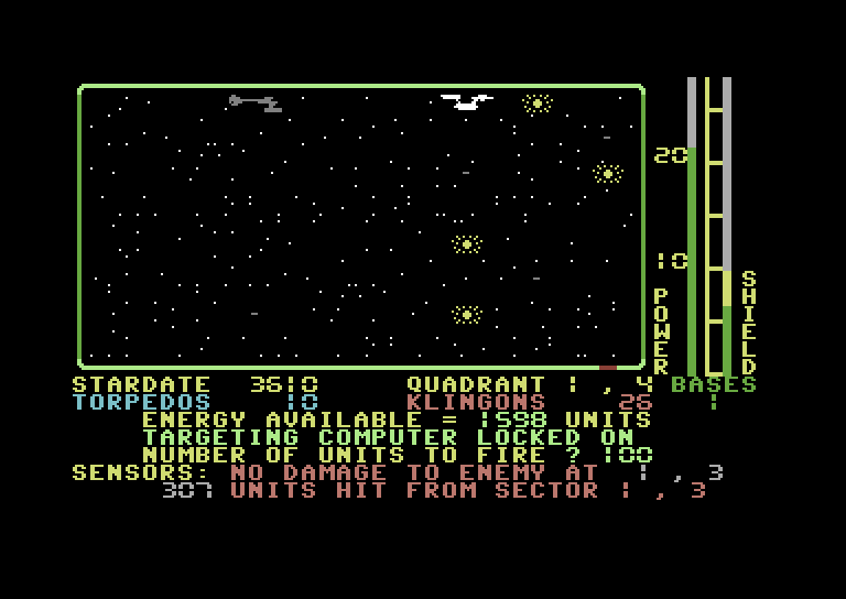 Star Trek Evolution Commodore 64 Screenshot: Star Trek Senior - Engaging a Klingon...