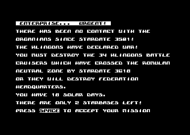 Star Trek Evolution Commodore 64 Screenshot: Star Trek Junior - Your orders...